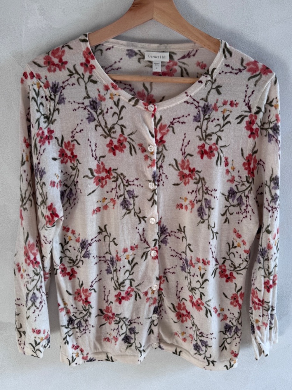 Garnet Hill - Cream Floral Button-Front Merino Wool Cardigan